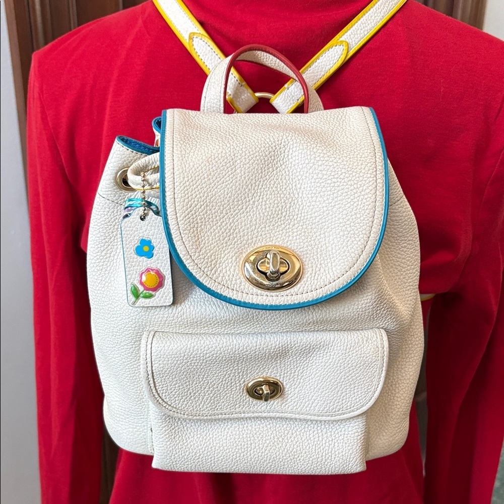 Coach Mini Backpack  F37789  leather cream/blue yellow red edging  2 turn locks